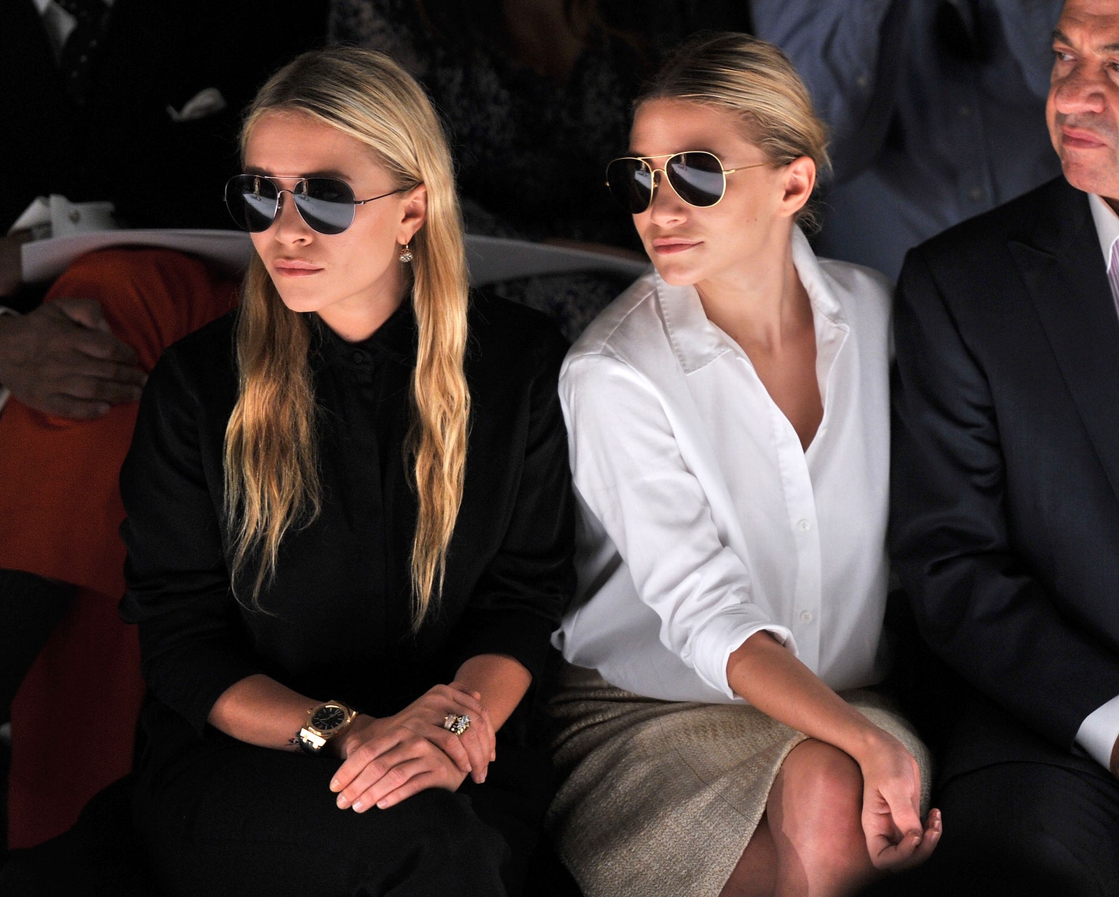 Images may contain Marykate Olsen Ashley Olsen Accessories Sunglasses Jewelry Rings Watch Adults and Humans